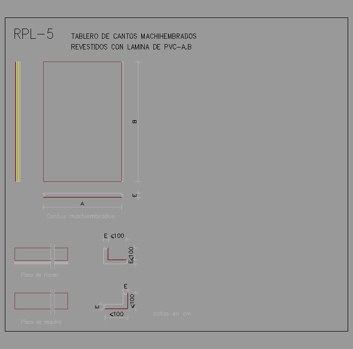 Bloque Autocad Tablero de cantos machihembrados revestido con lamina de PVC